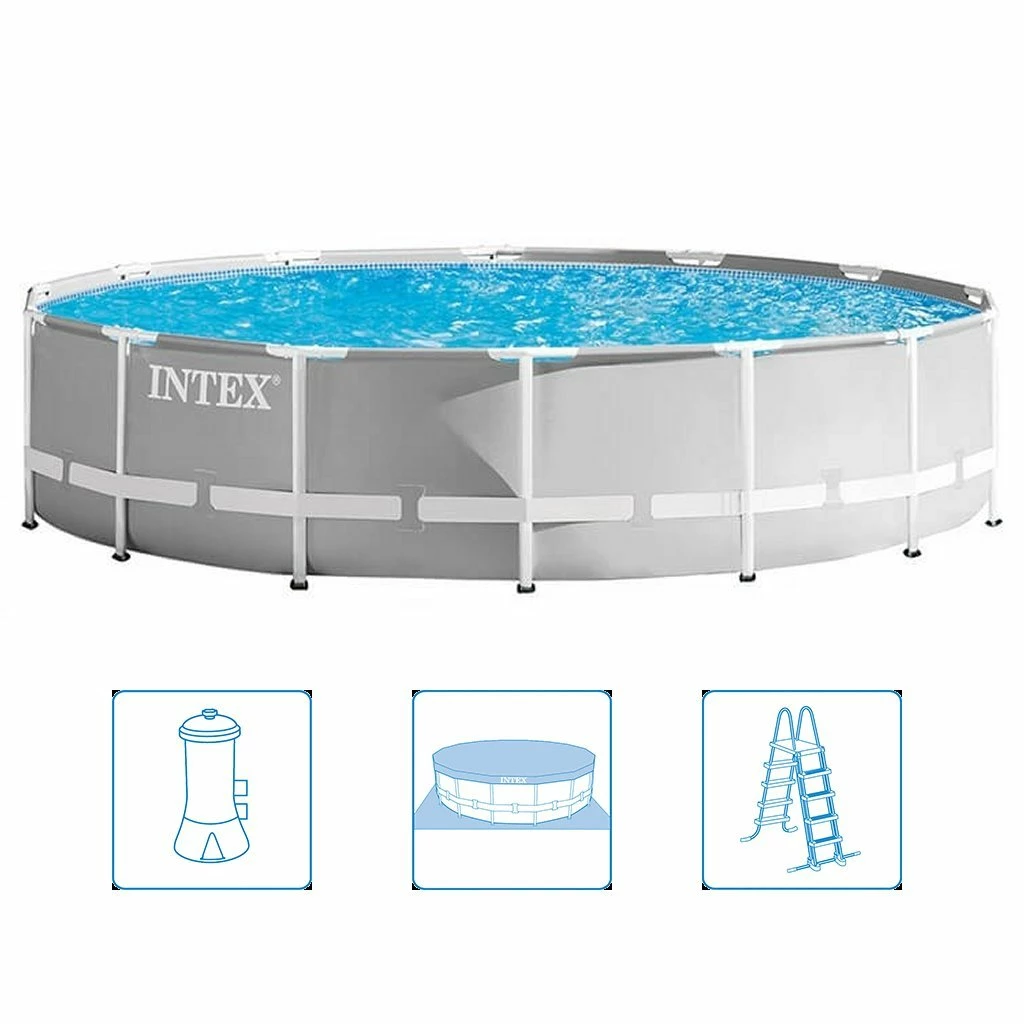 Intex 26720GN Prism Frame Zwembad 427×107 Cm + Filterpomp En Trap + Accessoires Grijs 1 Intex 26720GN Prism Frame Zwembad 427×107 Cm + Filterpomp En Trap + Accessoires Grijs